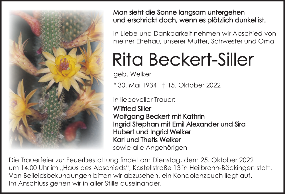  Traueranzeige für Rita Beckert-Siller vom 22.10.2022 aus Heilbronner Stimme