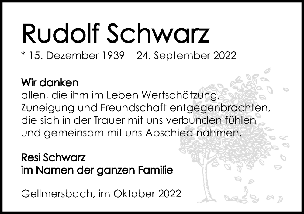  Traueranzeige für Rudolf Schwarz vom 22.10.2022 aus Heilbronner Stimme