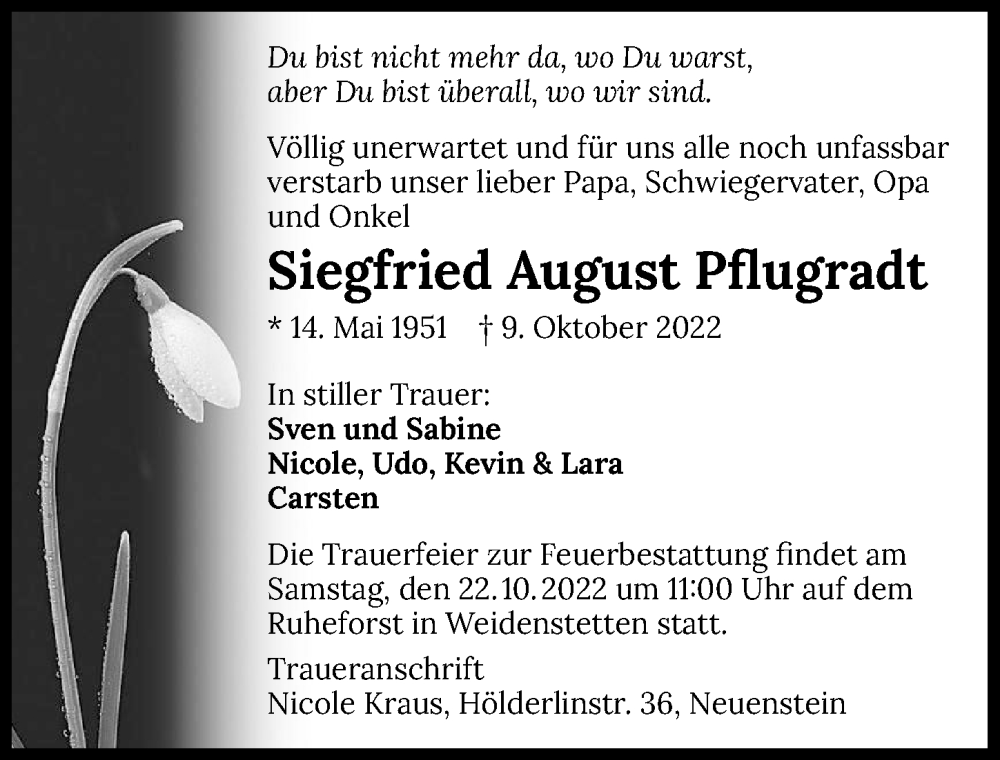 Traueranzeigen von Siegfried August Pflugradt www.trauerundgedenken.de