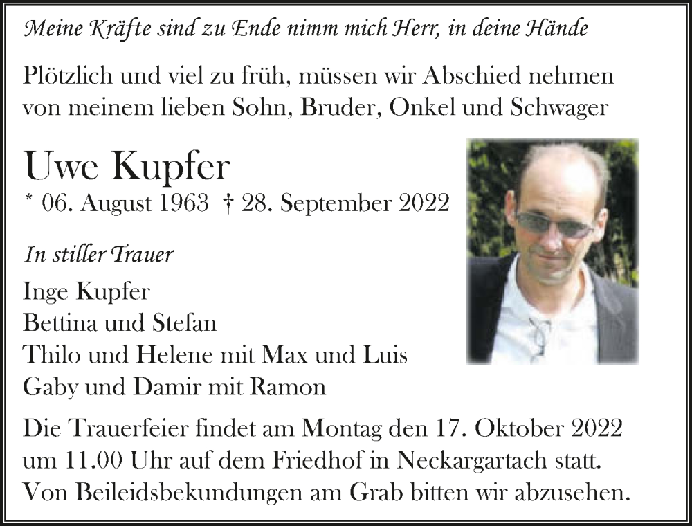  Traueranzeige für Uwe Kupfer vom 12.10.2022 aus GESAMT