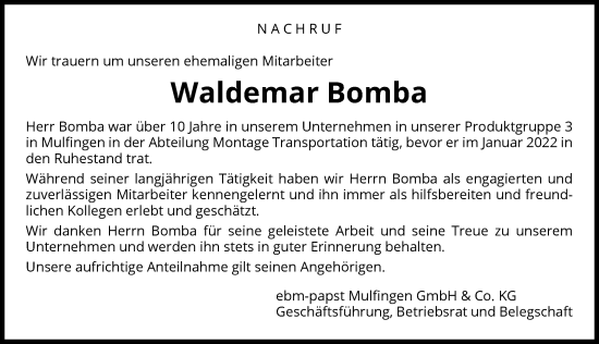 Traueranzeige von Waldemar Bomba von GESAMT