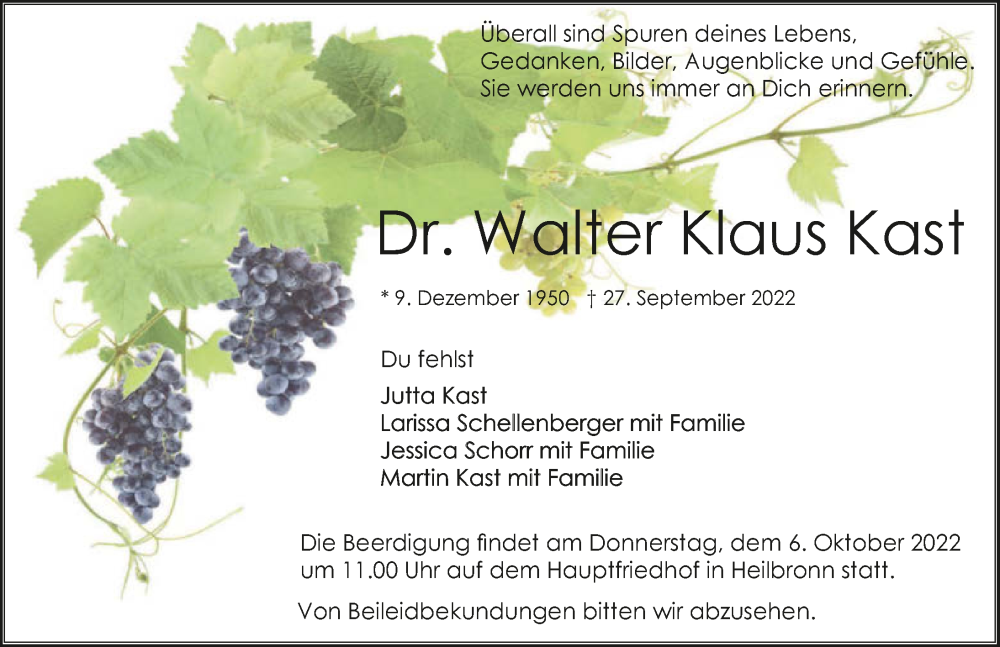  Traueranzeige für Walter Klaus Kast vom 01.10.2022 aus GESAMT