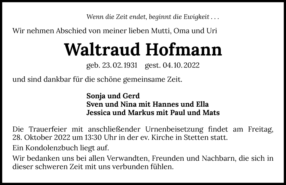  Traueranzeige für Waltraud Hofmann vom 15.10.2022 aus Heilbronner Stimme