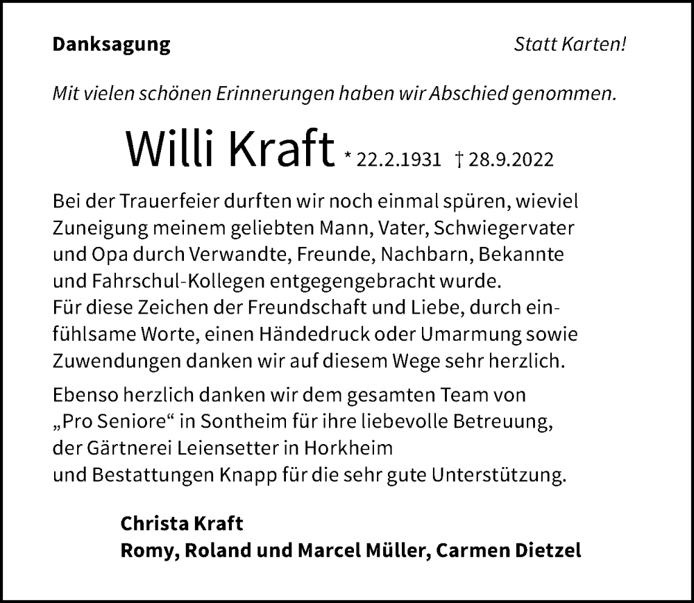  Traueranzeige für Willi Kraft vom 22.10.2022 aus Heilbronner Stimme