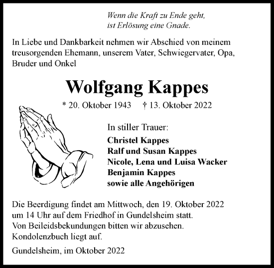 Traueranzeige von Wolfgang Kappes von Heilbronner Stimme