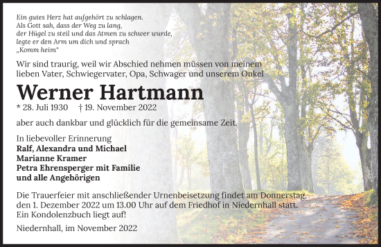 Traueranzeige von Werner Hartmann von Heilbronner Stimme