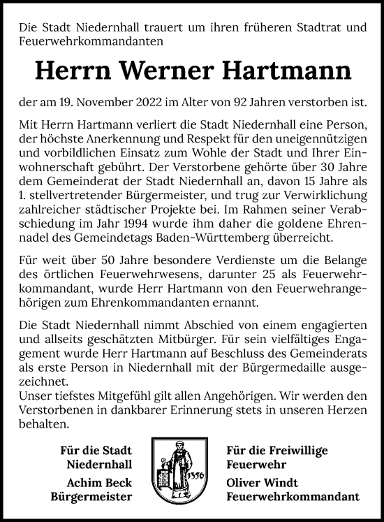 Traueranzeige von Werner Hartmann von Heilbronner Stimme