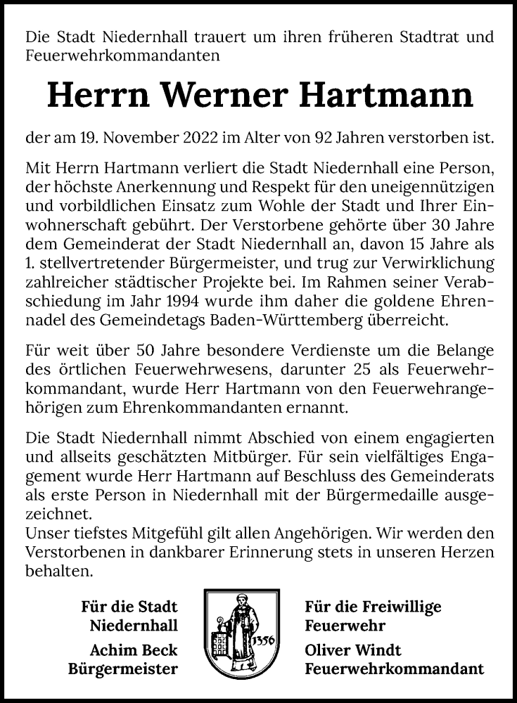  Traueranzeige für Werner Hartmann vom 28.11.2022 aus Heilbronner Stimme