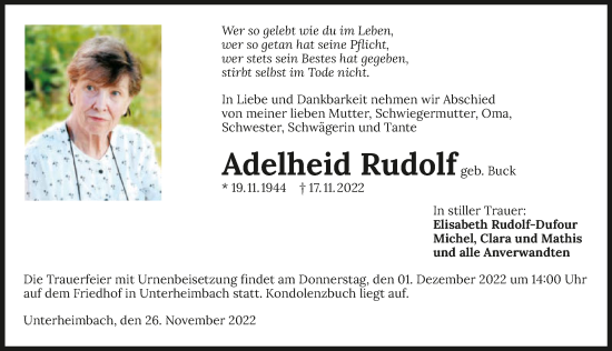 Traueranzeige von Adelheid Rudolf von GESAMT