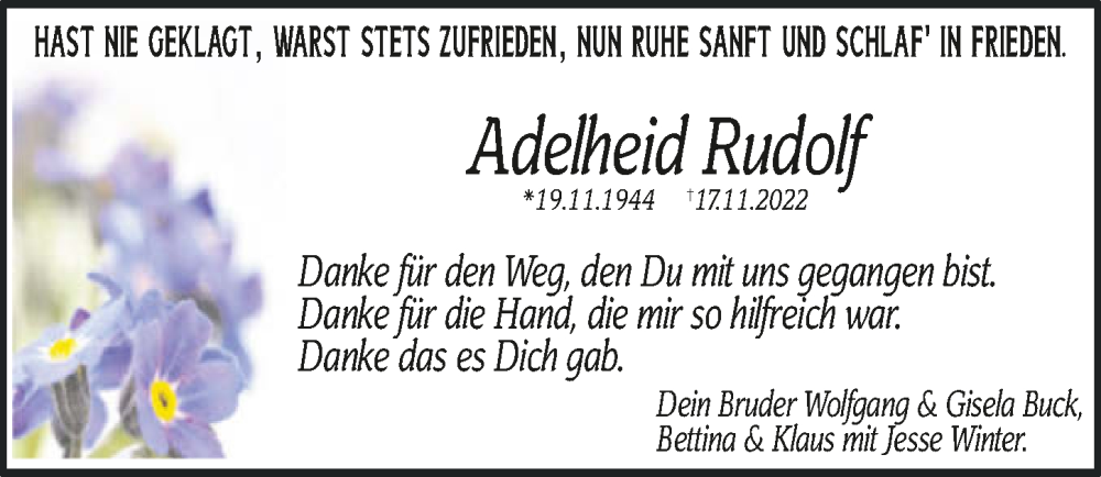  Traueranzeige für Adelheid Rudolf vom 26.11.2022 aus GESAMT