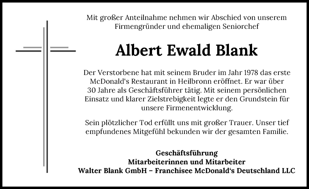  Traueranzeige für Albert Ewald Blank vom 26.11.2022 aus GESAMT