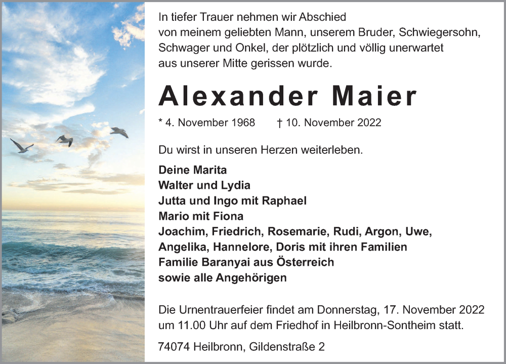  Traueranzeige für Alexander Maier vom 12.11.2022 aus Heilbronner Stimme