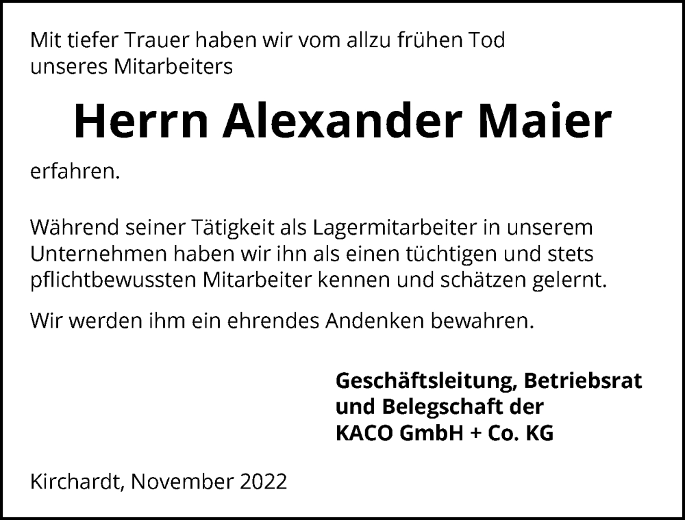  Traueranzeige für Alexander Maier vom 18.11.2022 aus Heilbronner Stimme
