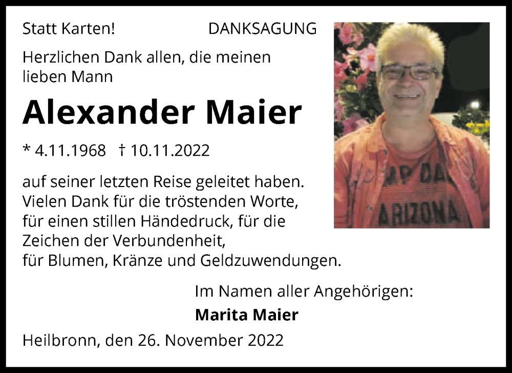  Traueranzeige für Alexander Maier vom 26.11.2022 aus GESAMT