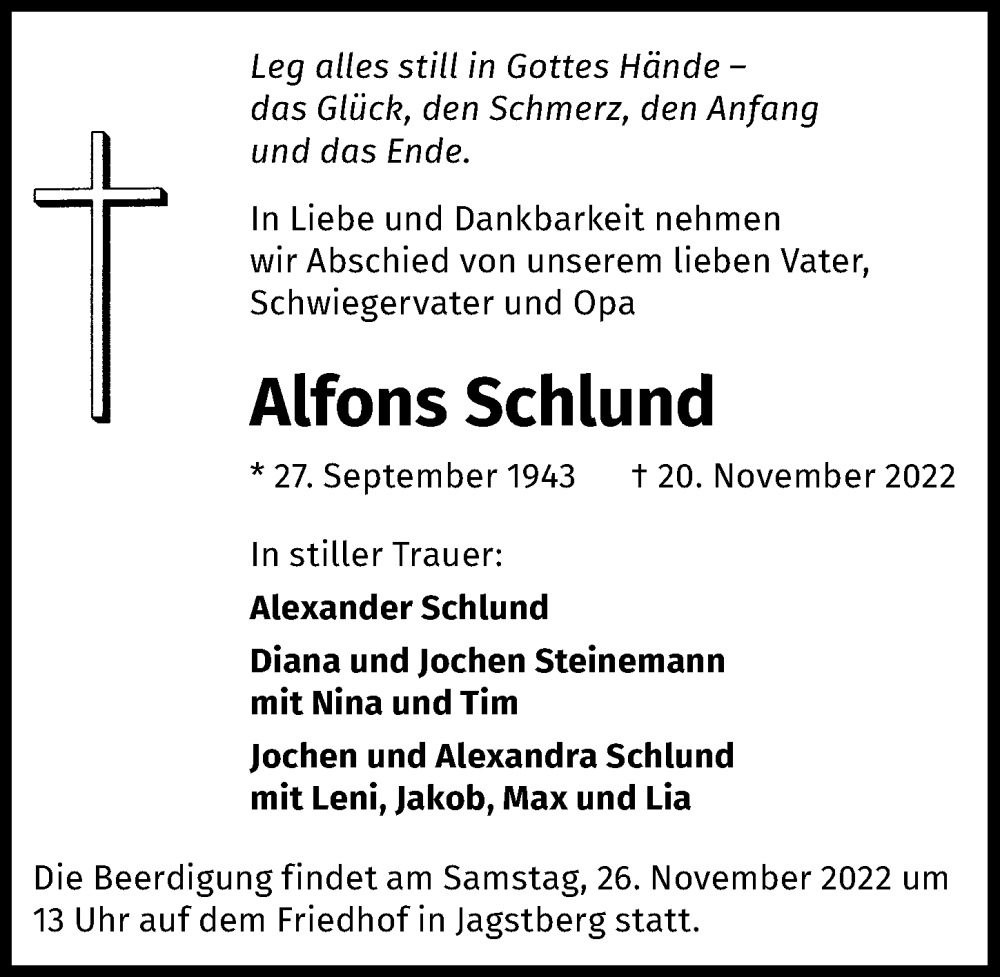  Traueranzeige für Alfons Schlund vom 23.11.2022 aus Heilbronner Stimme