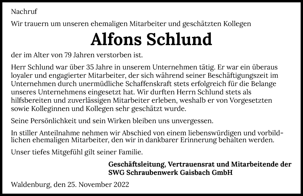  Traueranzeige für Alfons Schlund vom 29.11.2022 aus GESAMT