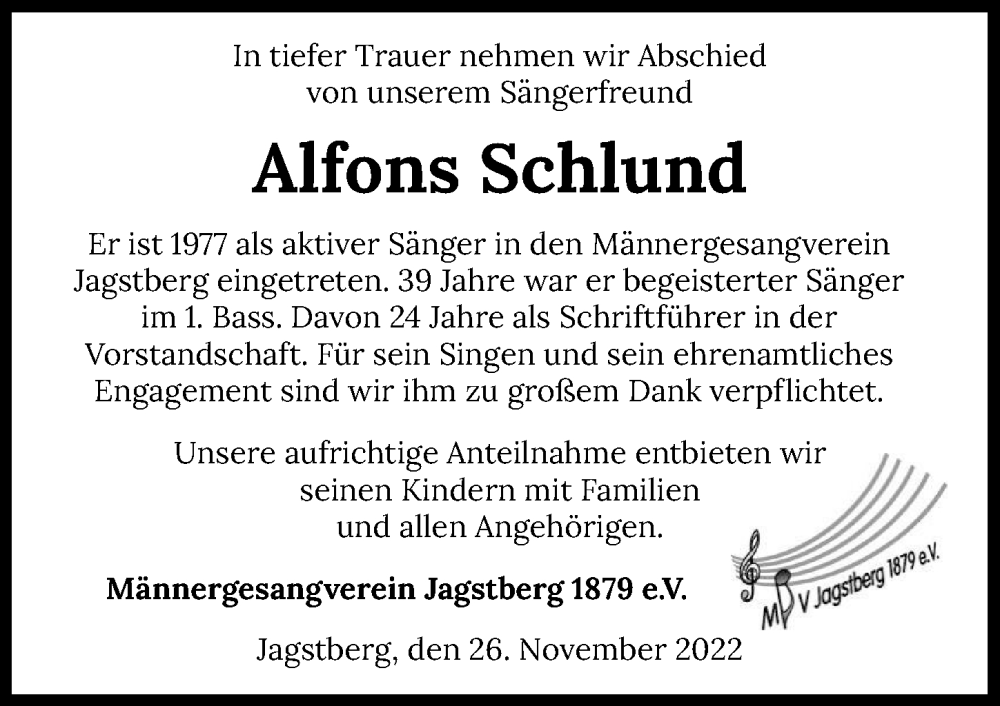  Traueranzeige für Alfons Schlund vom 26.11.2022 aus GESAMT