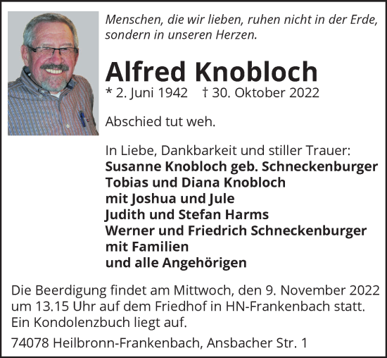 Traueranzeige von Alfred Knobloch von Heilbronner Stimme