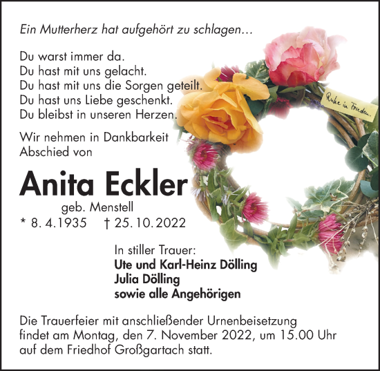 Traueranzeige von Anita Eckler von Heilbronner Stimme