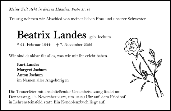 Traueranzeige von Beatrix Landes von Heilbronner Stimme