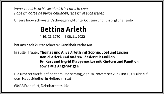 Traueranzeige von Bettina Arleth von Heilbronner Stimme