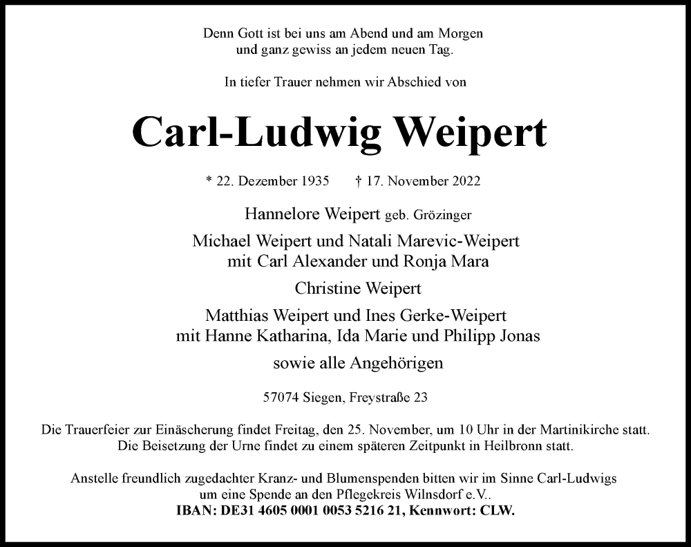  Traueranzeige für Carl-Ludwig Weipert vom 23.11.2022 aus Heilbronner Stimme