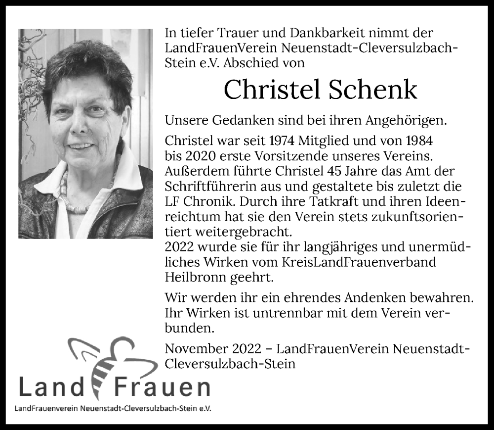 Traueranzeige für Christel Schenk vom 23.11.2022 aus Heilbronner Stimme