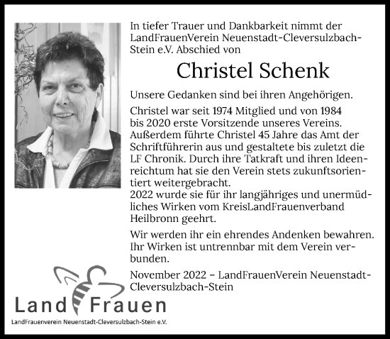 Traueranzeige von Christel Schenk von Heilbronner Stimme