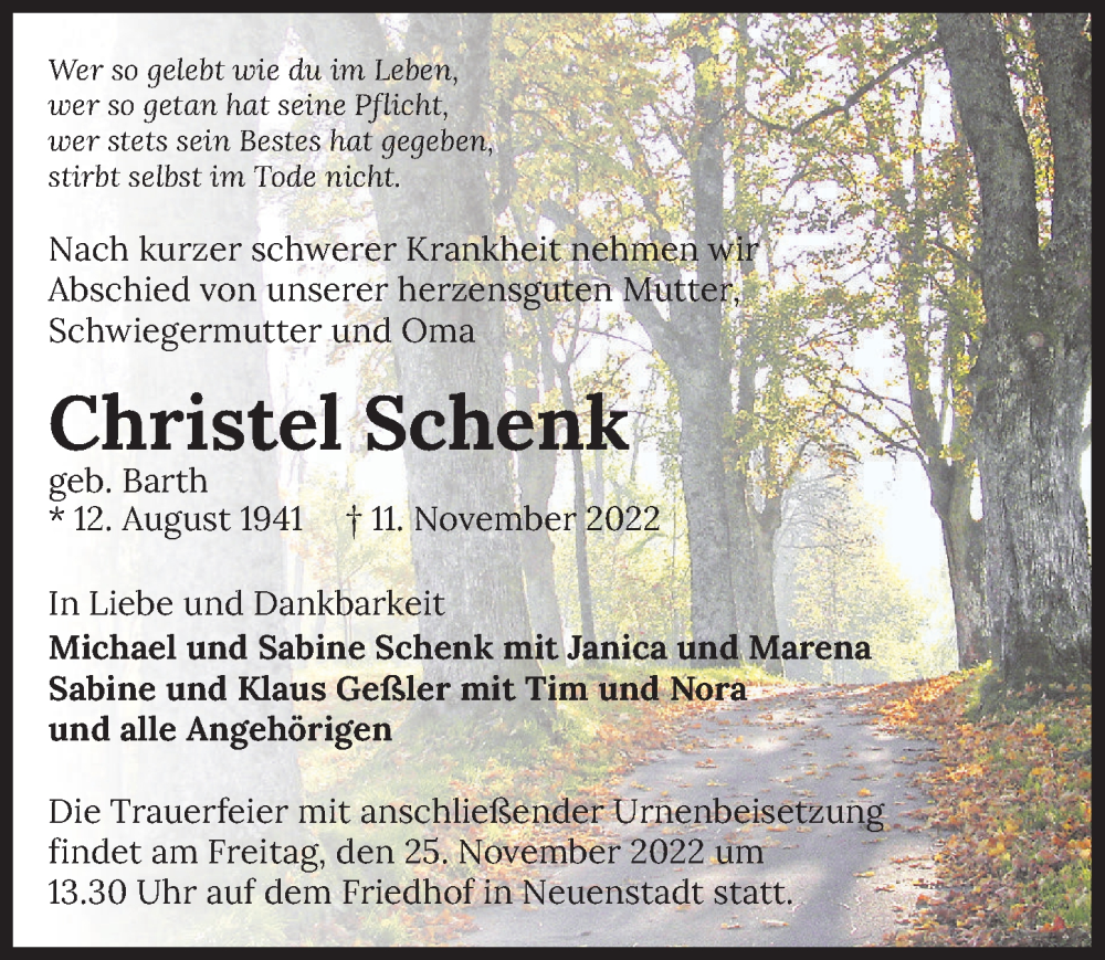  Traueranzeige für Christel Schenk vom 23.11.2022 aus Heilbronner Stimme