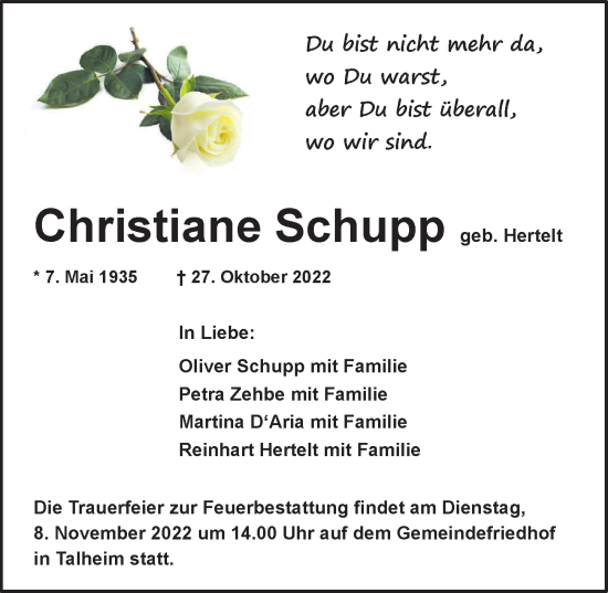Traueranzeige von Christiane Schupp von Heilbronner Stimme