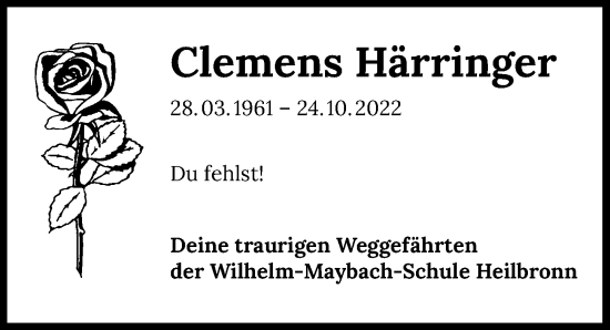 Traueranzeige von Clemens Härringer von Heilbronner Stimme