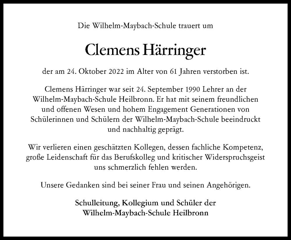  Traueranzeige für Clemens Härringer vom 08.11.2022 aus Heilbronner Stimme