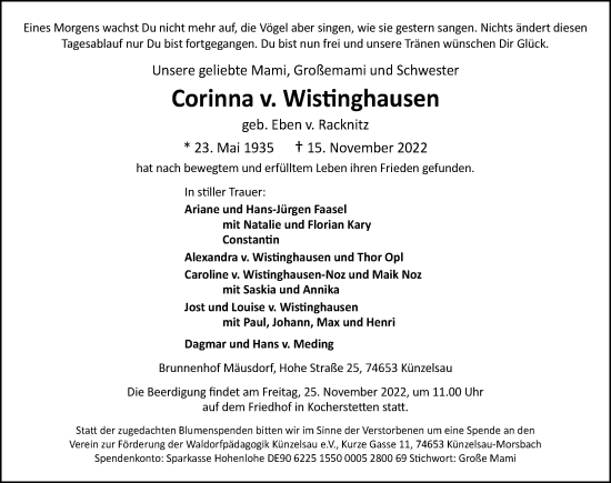 Traueranzeige von Corinna  v. Wistinghausen von Heilbronner Stimme
