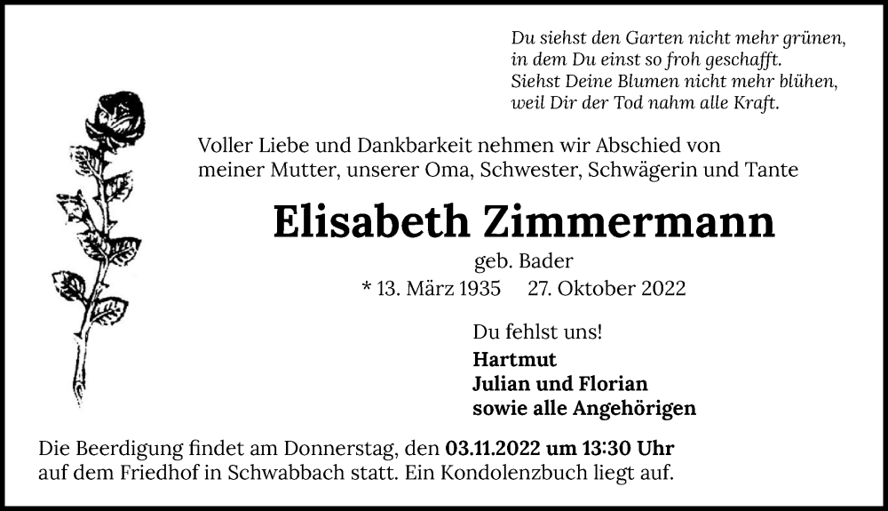  Traueranzeige für Elisabeth Zimmermann vom 02.11.2022 aus Heilbronner Stimme