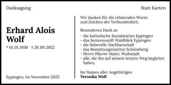 Traueranzeige von Erhard Alois Wolf von Heilbronner Stimme