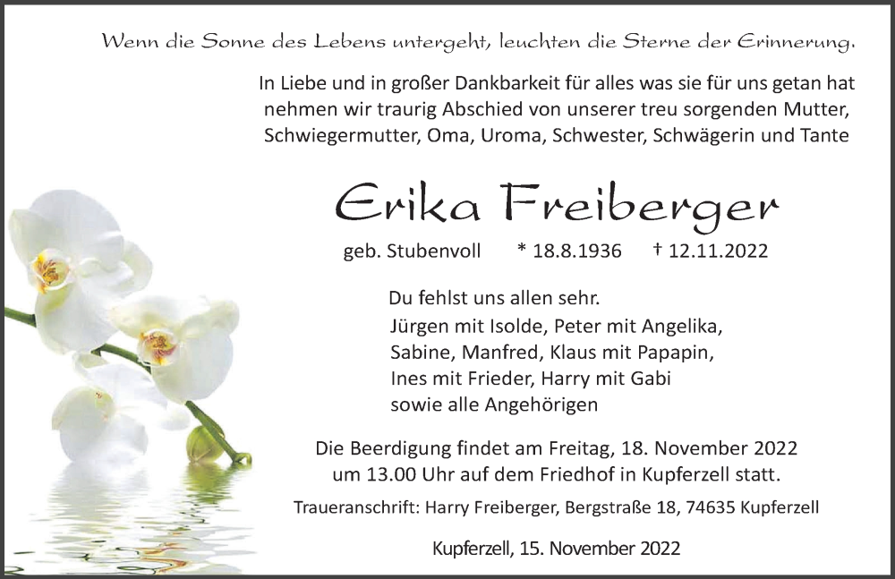  Traueranzeige für Erika Freiberger vom 15.11.2022 aus Heilbronner Stimme