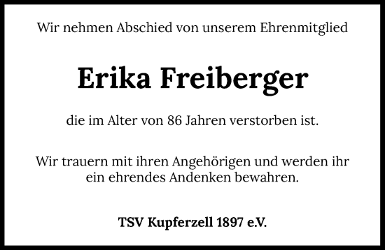Traueranzeige von Erika Freiberger von Heilbronner Stimme