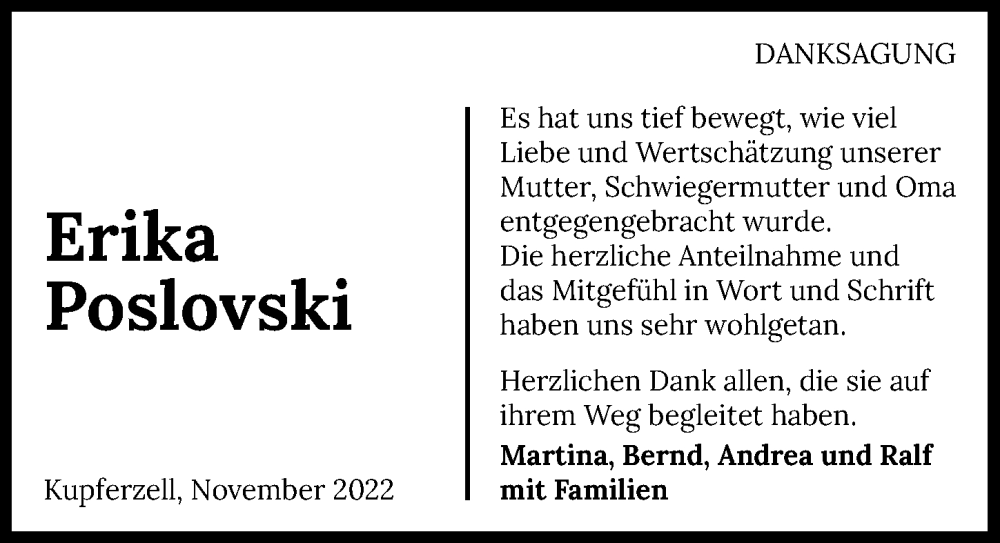  Traueranzeige für Erika Poslovski vom 12.11.2022 aus Heilbronner Stimme