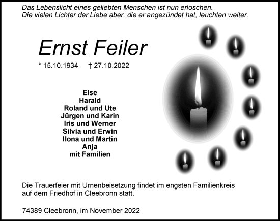 Traueranzeige von Ernst Feiler von Heilbronner Stimme
