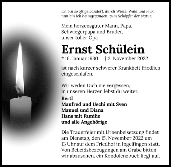 Traueranzeige von Ernst Schülein von Heilbronner Stimme