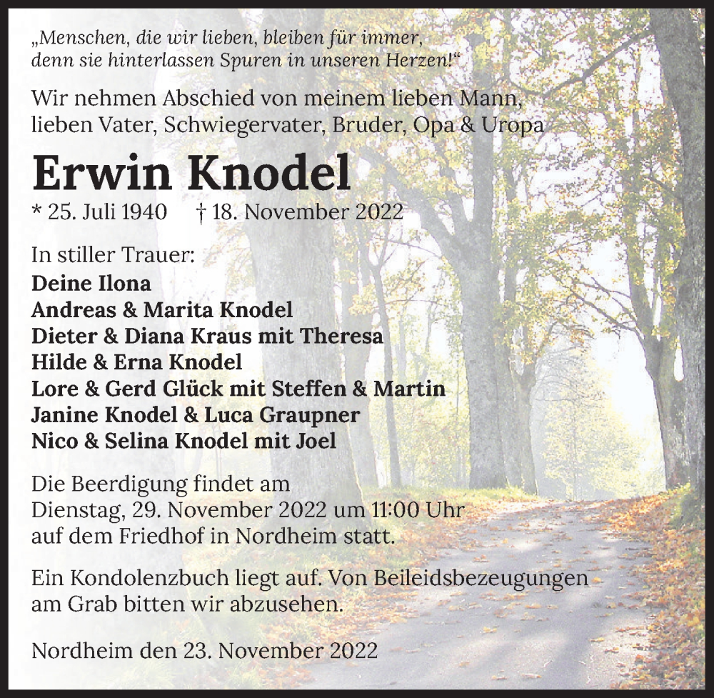 Traueranzeige für Erwin Knodel vom 23.11.2022 aus Heilbronner Stimme