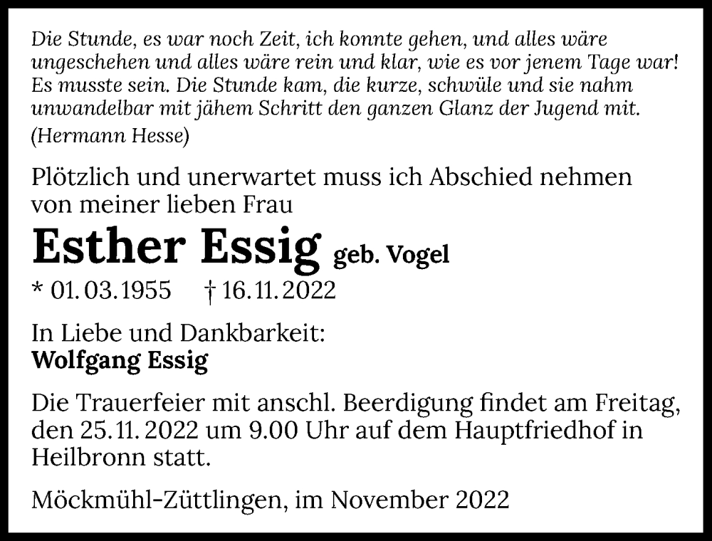  Traueranzeige für Esther Essig vom 19.11.2022 aus Heilbronner Stimme