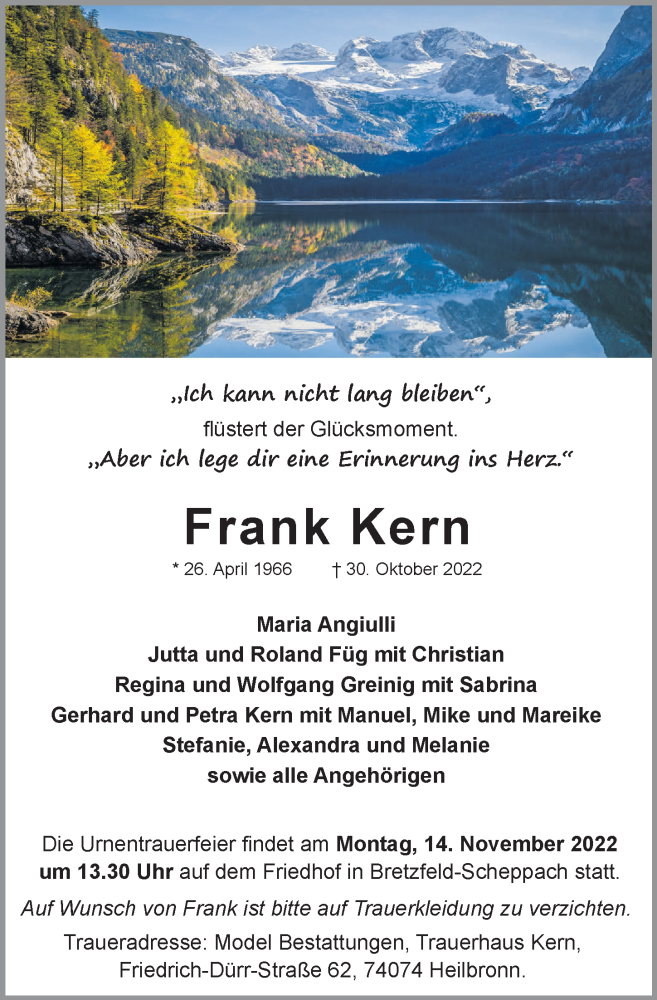  Traueranzeige für Frank Kern vom 05.11.2022 aus Heilbronner Stimme