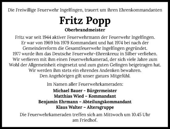 Traueranzeige von Fritz Popp von Heilbronner Stimme