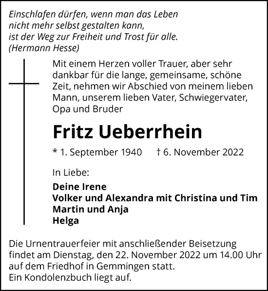 Traueranzeige von Fritz Ueberrhein von Heilbronner Stimme