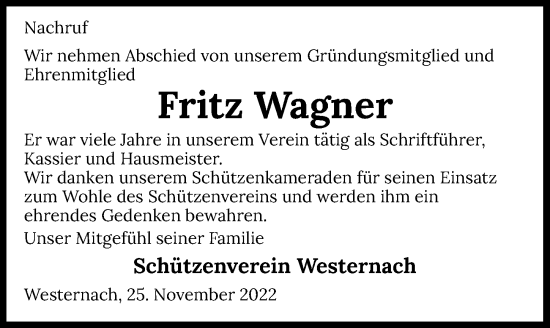 Traueranzeige von Fritz Wagner von GESAMT