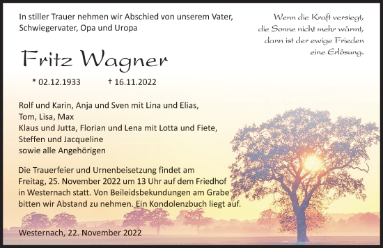Traueranzeige von Fritz Wagner von Heilbronner Stimme