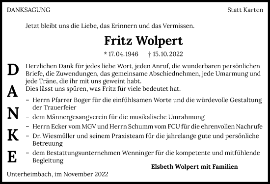 Traueranzeige von Fritz Wolpert von Heilbronner Stimme
