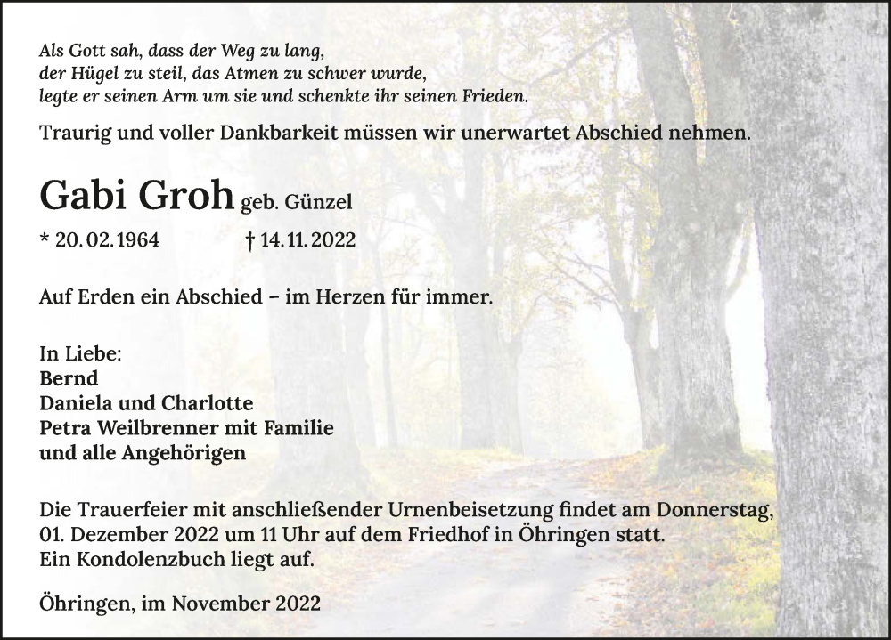  Traueranzeige für Gabi Groh vom 25.11.2022 aus GESAMT