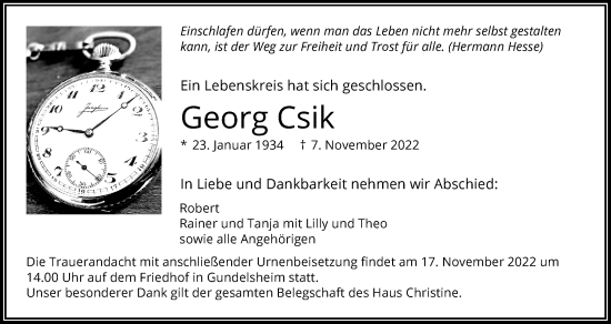 Traueranzeige von Georg Csik von Heilbronner Stimme